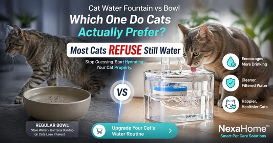 Automatic cat water fountain vs regular bowl comparison showing a cat ignoring still water and drinking from a filtered fountain to improve hydration and health
