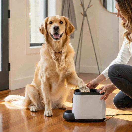 A Golden Retriever having its muddy paw cleaned with an automatic dog paw washer in a bright, modern home entryway.