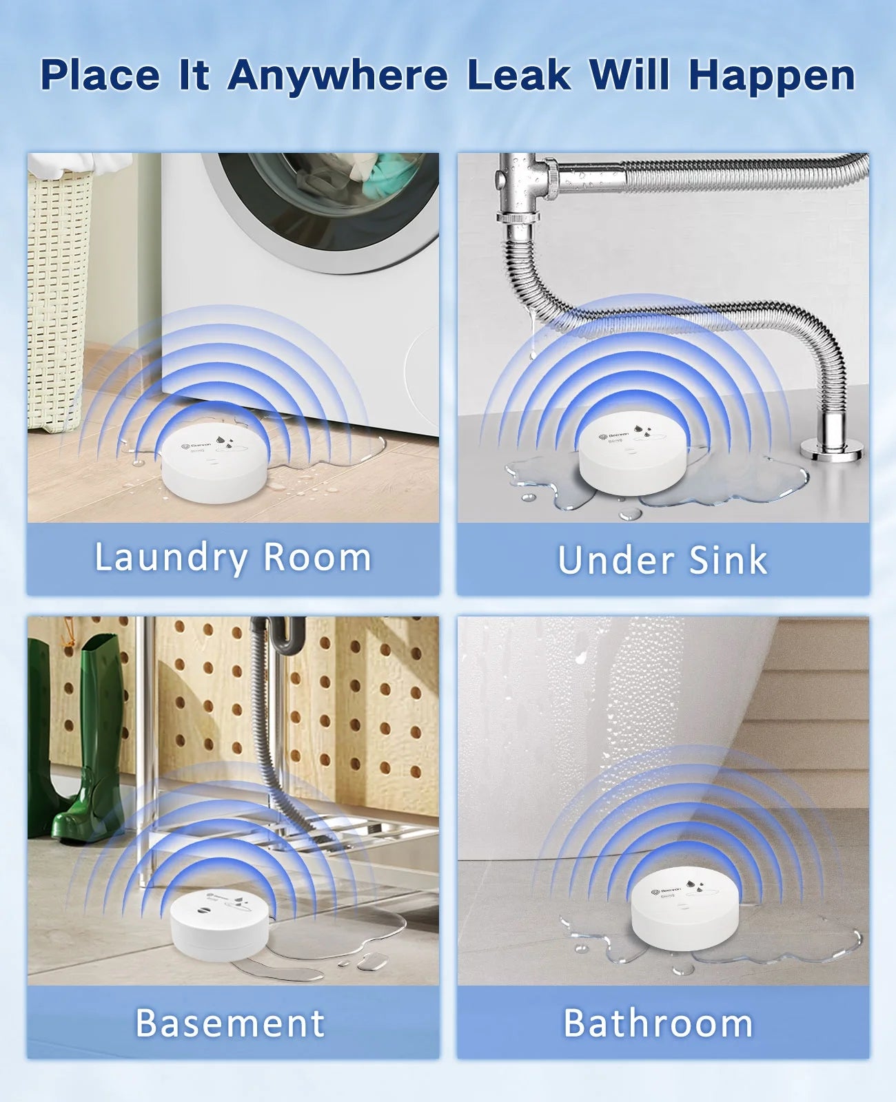 4 Pack Water Leak Detectors for Home, 100Db Water Sensor Alarm Leak Detector for Basements, Bathrooms, Kitchens, Garages, Battery-Operated (Battery Included)