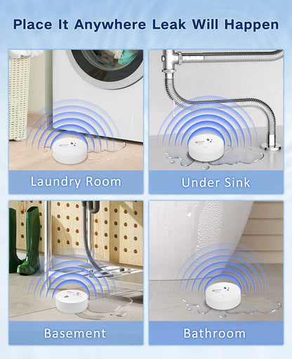 4 Pack Water Leak Detectors for Home, 100Db Water Sensor Alarm Leak Detector for Basements, Bathrooms, Kitchens, Garages, Battery-Operated (Battery Included)