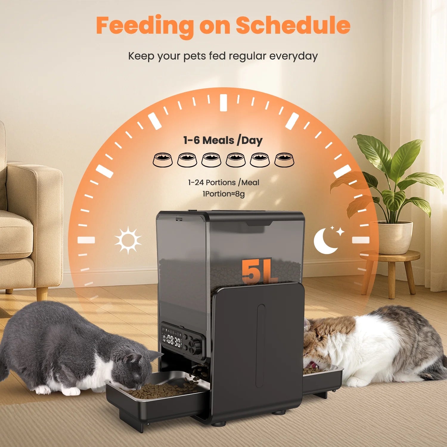 Automatic Cat Feeder, Pet Feeder for 2 Cats/2 Small Dogs,5L/20 Cups, 6 Meal/Day Elevated Timed Dog Food Dispenser with Dual Bowls ,Voice Call