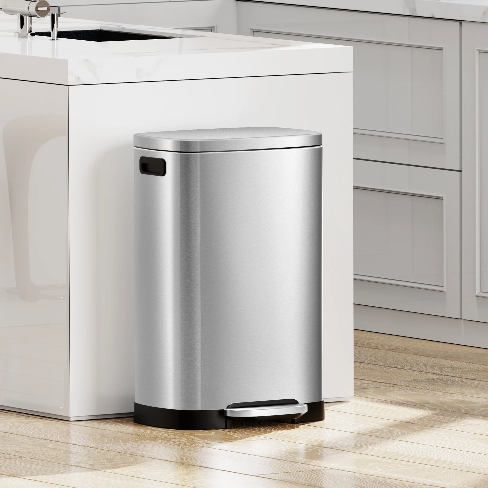 13 Gallon Trash Can with Lid,Fingerprint-Proof Stainless Steel Kitchen Trash Can with Soft-Close Lid and Removable Inner Bucket,Silver