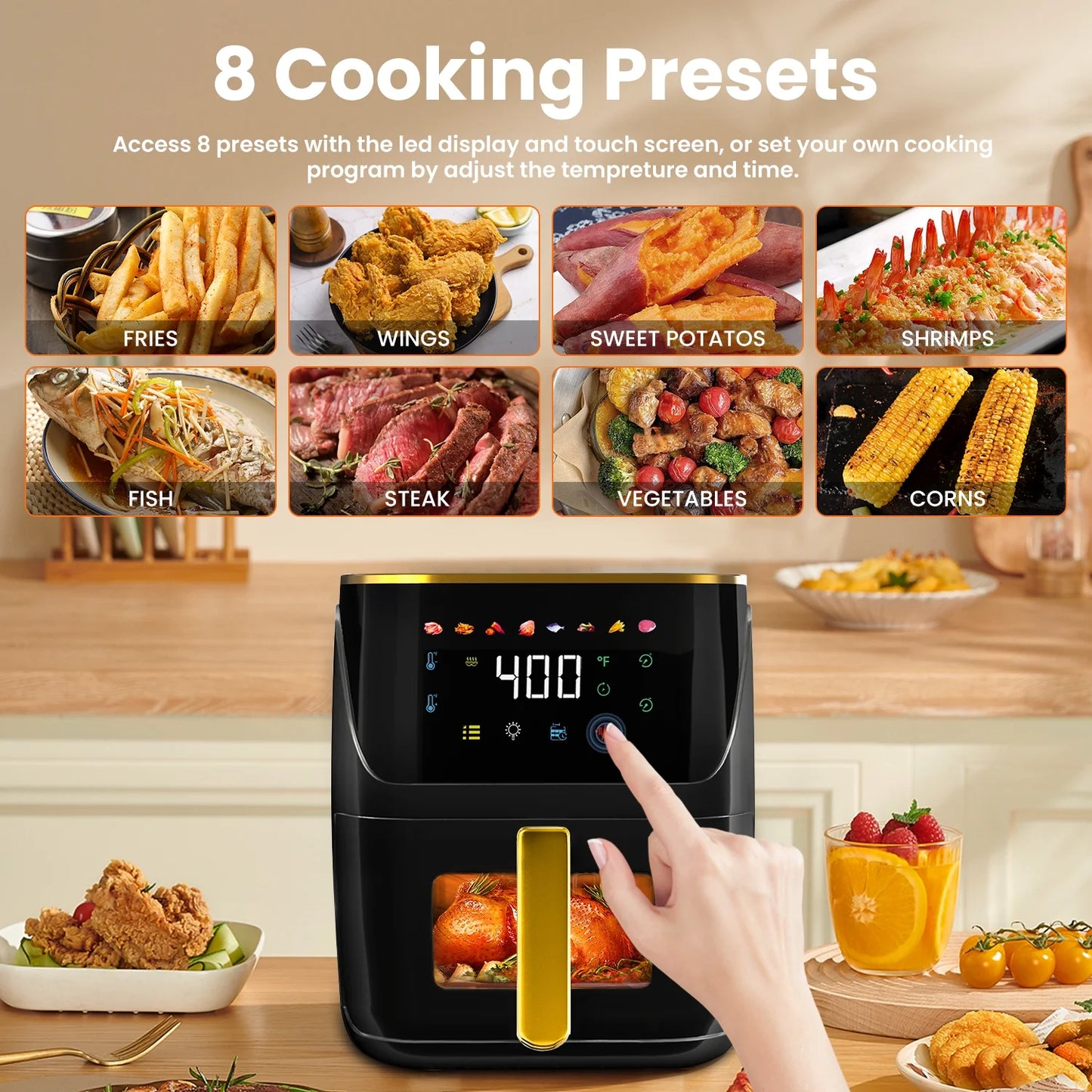 Newest Air Fryer Large 8.5 QT, Black, 8 in 1 Touch Screen, Visible Window, 1750W