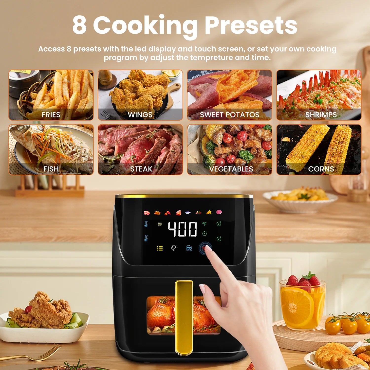 Newest Air Fryer Large 8.5 QT, Black, 8 in 1 Touch Screen, Visible Window, 1750W