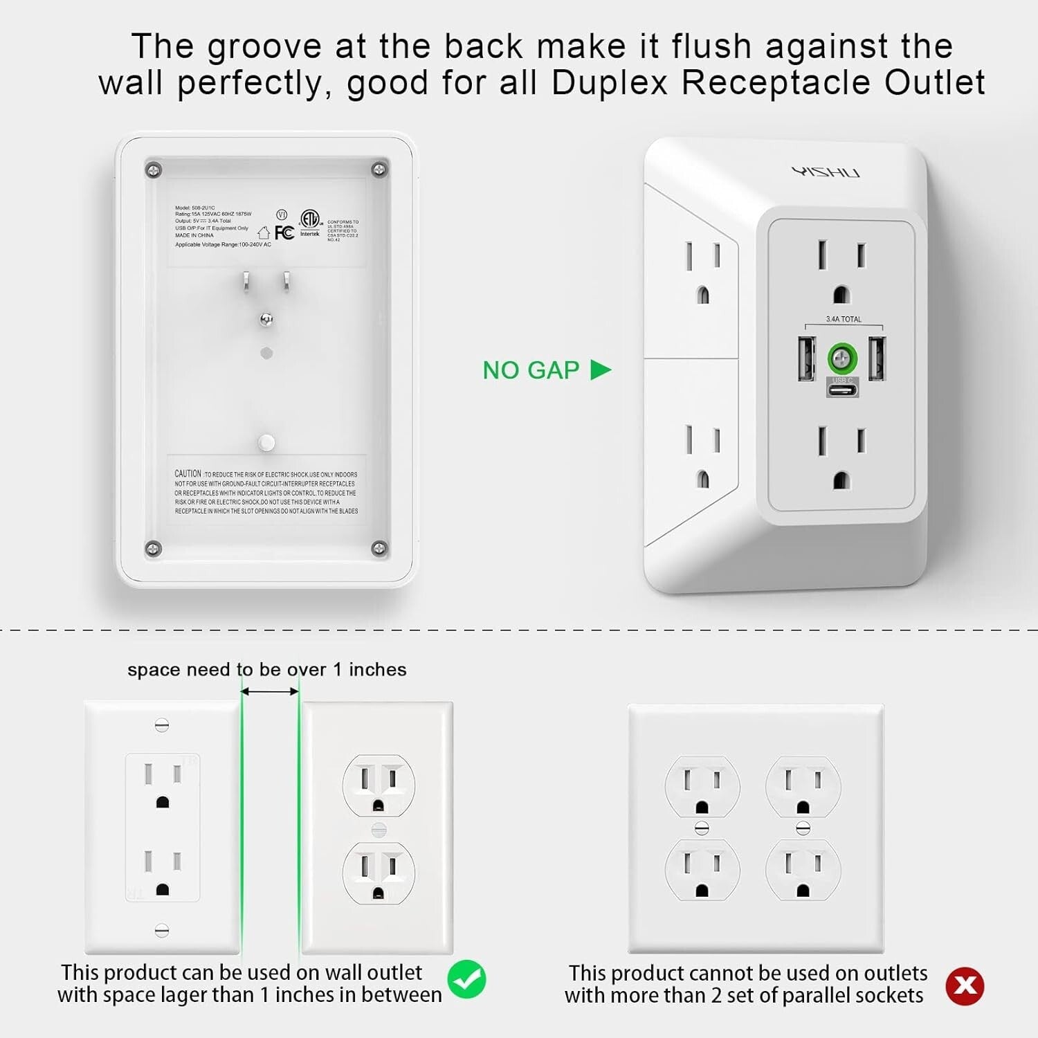 5 Outlet Extender Surge Protector Multi Plug Wall Adapter USB Charger Ports