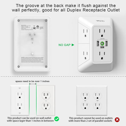 5 Outlet Extender Surge Protector Multi Plug Wall Adapter USB Charger Ports