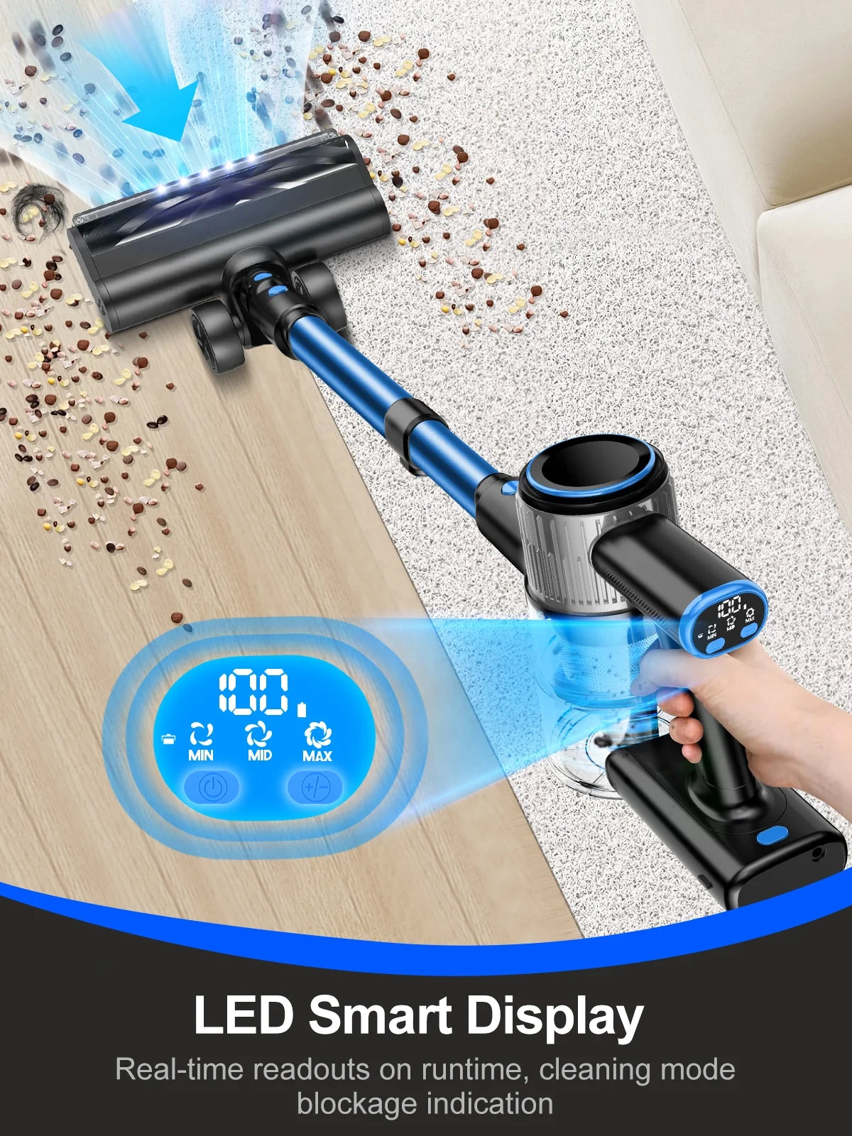 Cordless Vacuum Cleaner, 30Kpa Powerful Suction 8-In-1 Stick Vacuum with LED Display, 3 Modes Suction, Lightweight Vacuum for Hardwood Floor/Carpet/Pet Hair, Blue