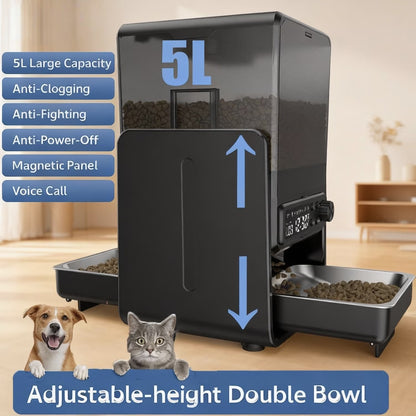 Automatic Cat Feeder, Pet Feeder for 2 Cats/2 Small Dogs,5L/20 Cups, 6 Meal/Day Elevated Timed Dog Food Dispenser with Dual Bowls ,Voice Call