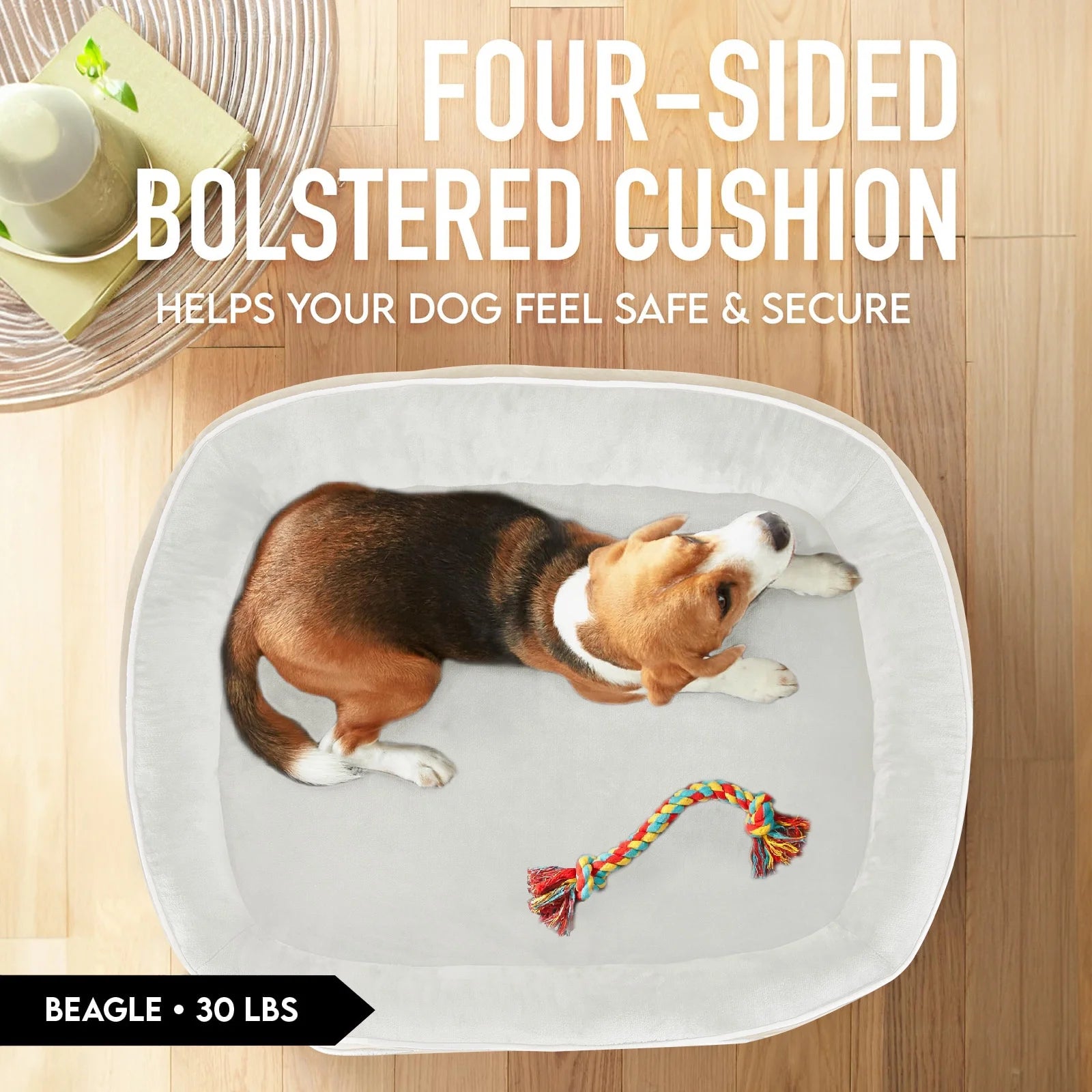 Beige Luxury Sofa-Style Pet Orthopedic Bed for Medium Dogs – Removable Machine-Washable Plush Cover, 4-Sided Bolster, Non-Slip Bottom, Size 35"X28"X6"