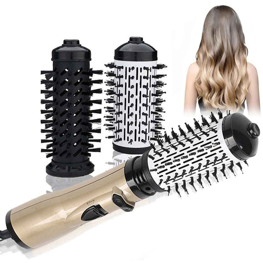 3-in-1 Hot Air Styler Brush – Rotating Hair Dryer with 2 Interchangeable Heads, 360° Anti-Frizz Ionic Technology for Drying, Curling & Straightening (Gold)