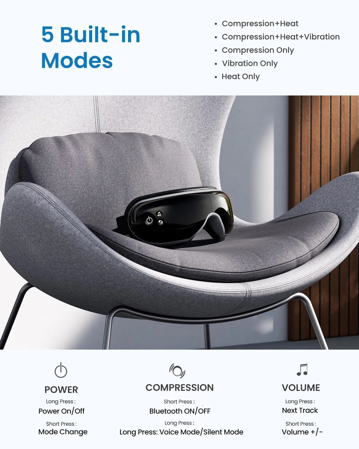 Eye Massager with Heat & Vibration – 5 Massage Modes, Bluetooth Music, Adjustable Headband, USB Rechargeable - Black