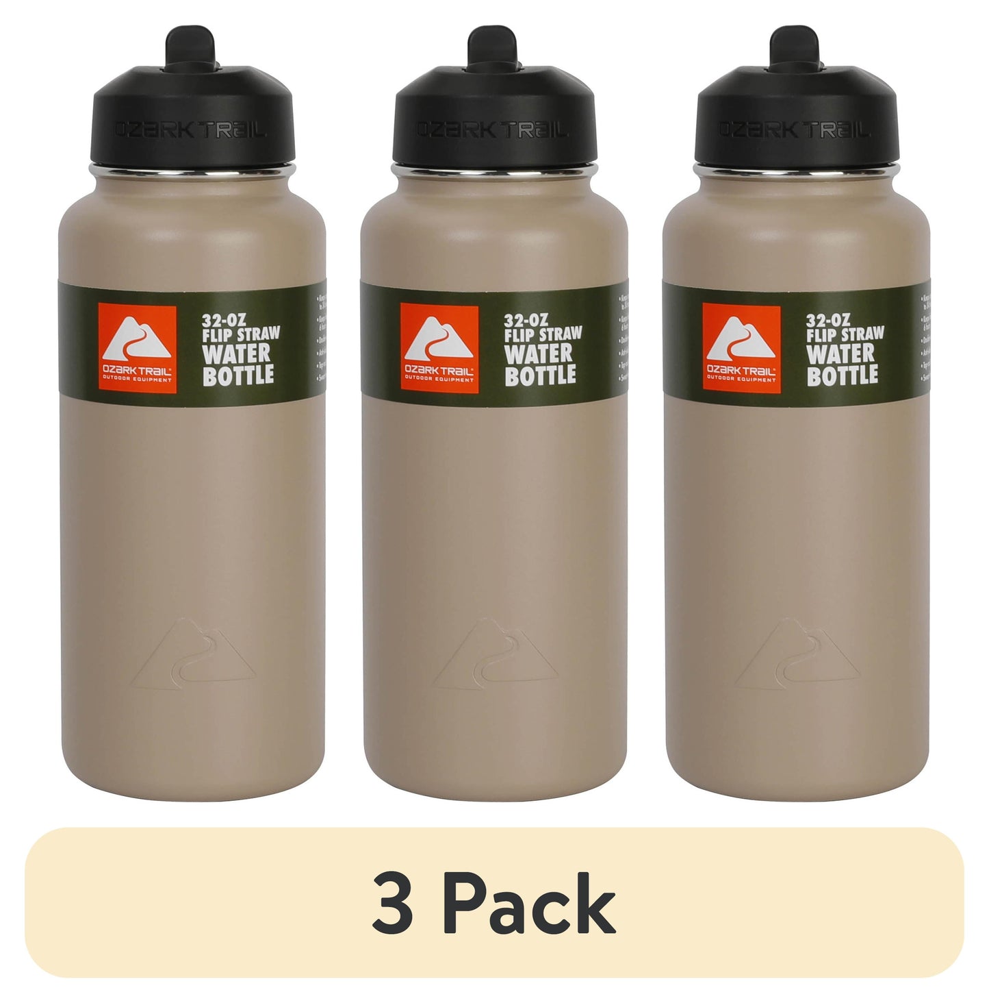 (3 Pack)  32 Oz Insulated Stainless Steel Wide Mouth Water Bottle, Tan, Flip Lid with Loop Handle