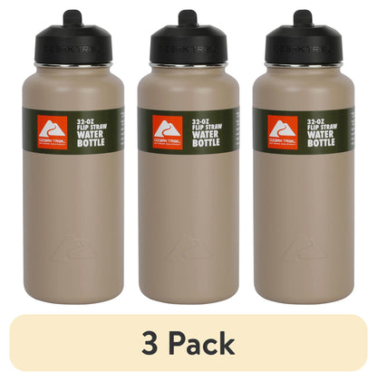 (3 Pack)  32 Oz Insulated Stainless Steel Wide Mouth Water Bottle, Tan, Flip Lid with Loop Handle
