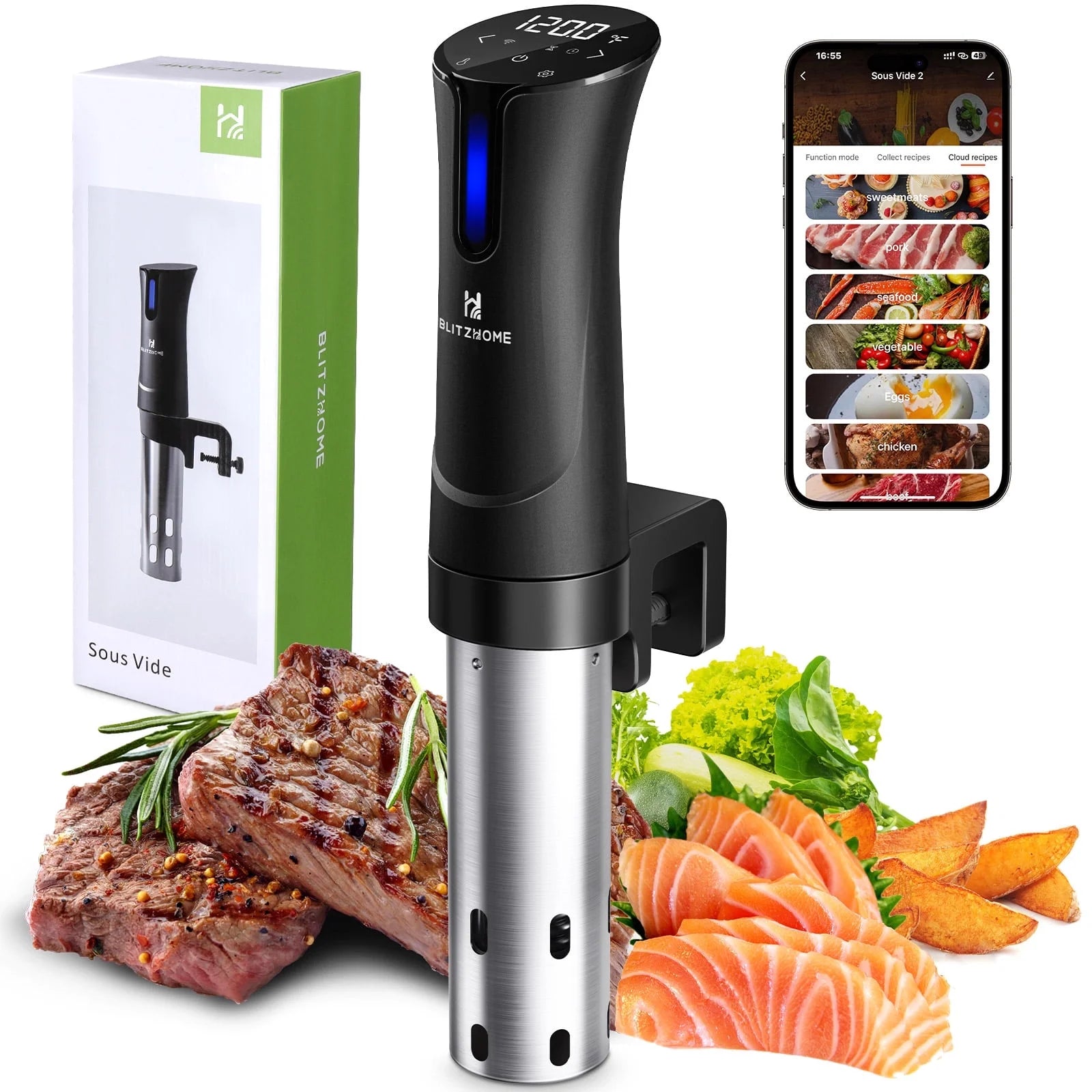 1100W WIFI Sous Vide Cooker,Ultra-Quiet Fast-Heating Immersion Circulator Temperature and Digital Display,W/ APP Recipe