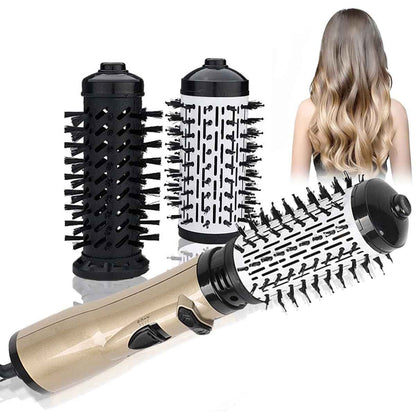 3-in-1 Hot Air Styler Brush – Rotating Hair Dryer with 2 Interchangeable Heads, 360° Anti-Frizz Ionic Technology for Drying, Curling & Straightening (Gold)