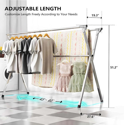 63 Inches Clothes Drying Rack, Heavy Duty Stainless Steel Laundry Drying Rack Folding Indoor Outdoor, Portable Drying Rack Clothing, Free-Standing Laundry Stand with 20 Windproof Hooks