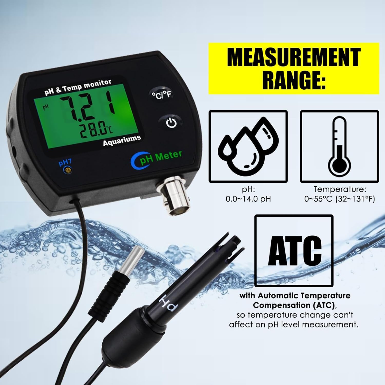 PH Monitor & Temperature Meter 2 in 1 Digital Water Quality Tester Sensor Test Kit with Automatic Calibration/Replaceable BNC Electrode Probe for Aquariums Hydroponics Tanks Aquaculture Laboratory