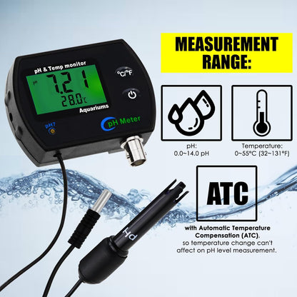 PH Monitor & Temperature Meter 2 in 1 Digital Water Quality Tester Sensor Test Kit with Automatic Calibration/Replaceable BNC Electrode Probe for Aquariums Hydroponics Tanks Aquaculture Laboratory