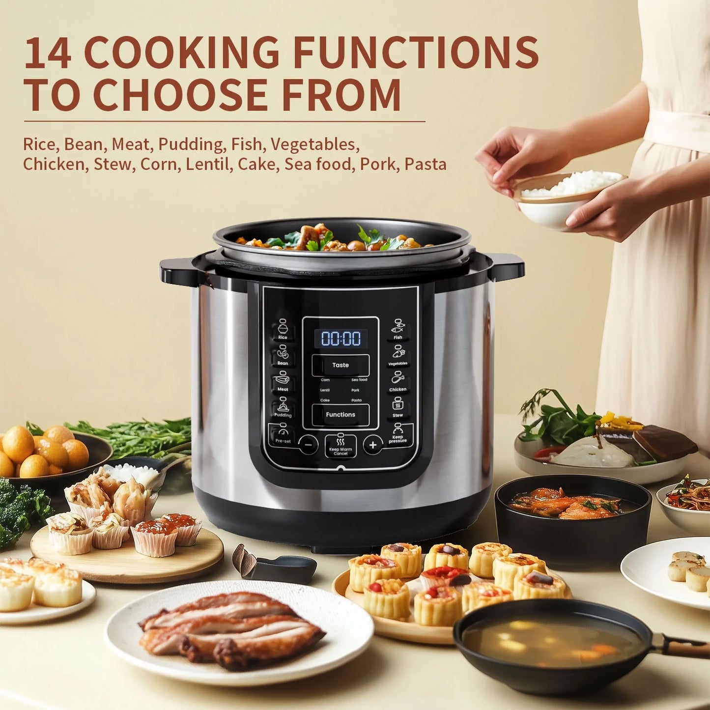 9-In-1 Electric Pressure Cooker 6 Quart, 14 Presets Instant Multi-Function Cooker, Non-Stick Pot, Cake Maker, Pudding Maker, 2PCS