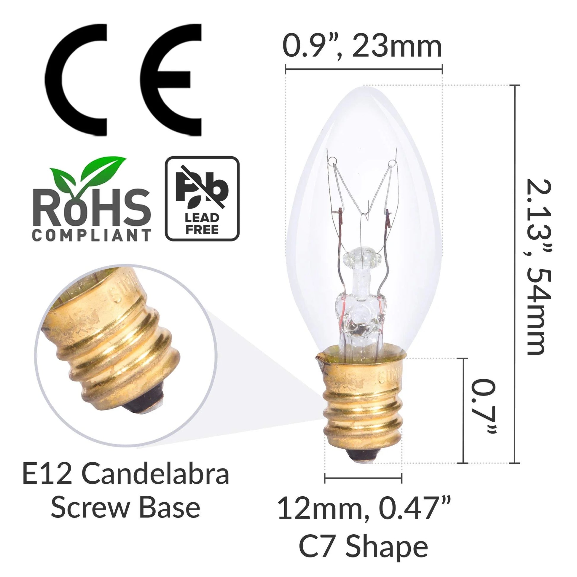 C7 25W Replacement Bulb Clear Candle Shape 120V, E12 Candelabra Base, 2700K, 6-Pack