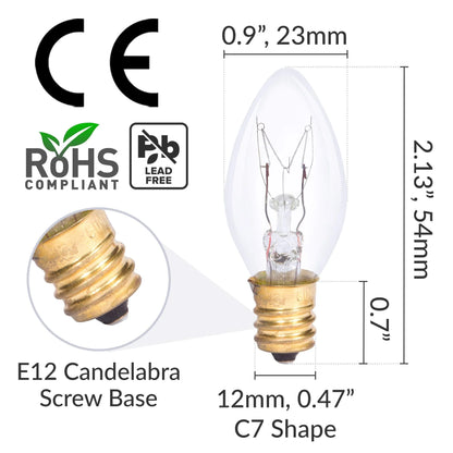 C7 25W Replacement Bulb Clear Candle Shape 120V, E12 Candelabra Base, 2700K, 6-Pack