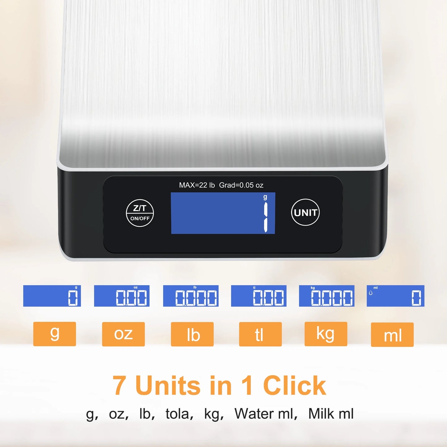 Food Scale, Kitchen Scale,  Food Scales for Kitchen, LCD Display in Grams, Ounces, Pounds, Kilogram, Milliliter, Stainless Steel, 7 Units with Tare Function