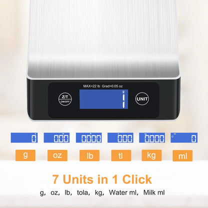 Food Scale, Kitchen Scale,  Food Scales for Kitchen, LCD Display in Grams, Ounces, Pounds, Kilogram, Milliliter, Stainless Steel, 7 Units with Tare Function