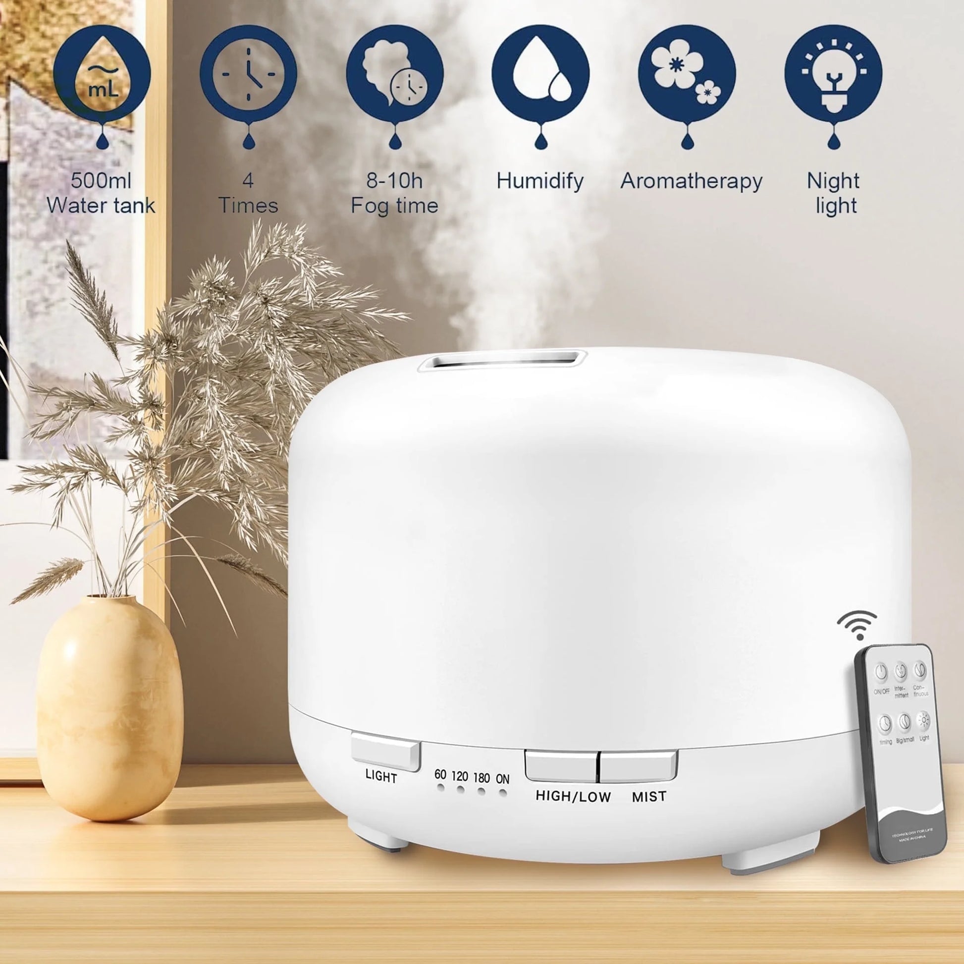 500Ml Essential Oil Diffuser with Remote Control , Aroma Diffuser Air Humidifier for Home