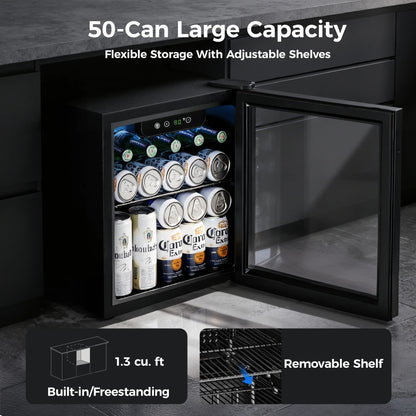 55 Cans Mini Beverage Refrigerator & Portable Beverage Cooler with Glass Door, Mini Fridge for Home/Office/Bar,Black