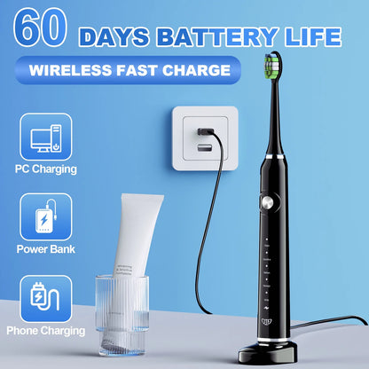 Sonic Electric Toothbrush for Adults and Kids with Travel Case and 6 Brush Heads, 5 Modes 40000 VPM Rechargeable Power Toothbrush with Wireless Charger, IPX7 Waterproof 60-Day Battery Life, Black
