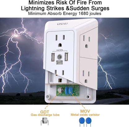 5 Outlet Extender Surge Protector Multi Plug Wall Adapter USB Charger Ports