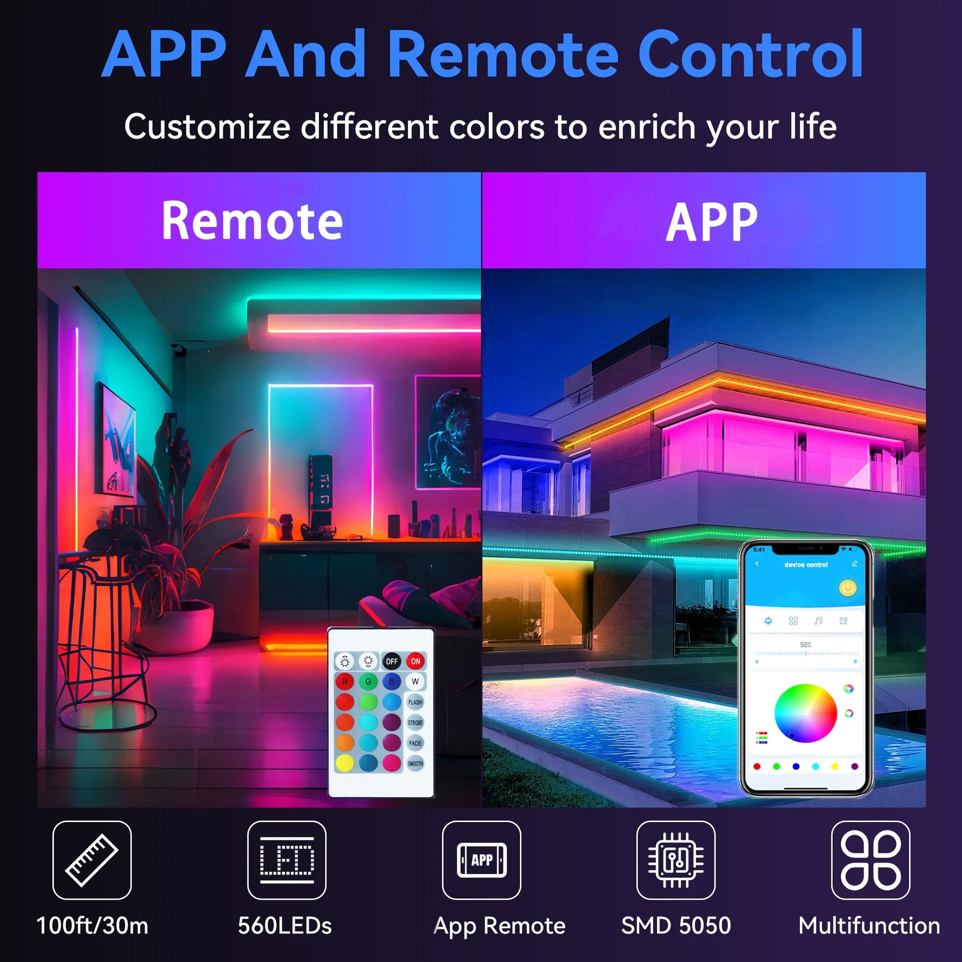 100Ft Outdoor LED Strip Lights Waterproof IP67,RGB Led Light Strips with Remote Control and Music Sync Mains Powered for outside Garden House Pool Roof Lawn Decor