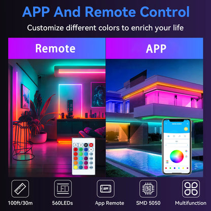 100Ft Outdoor LED Strip Lights Waterproof IP67,RGB Led Light Strips with Remote Control and Music Sync Mains Powered for outside Garden House Pool Roof Lawn Decor