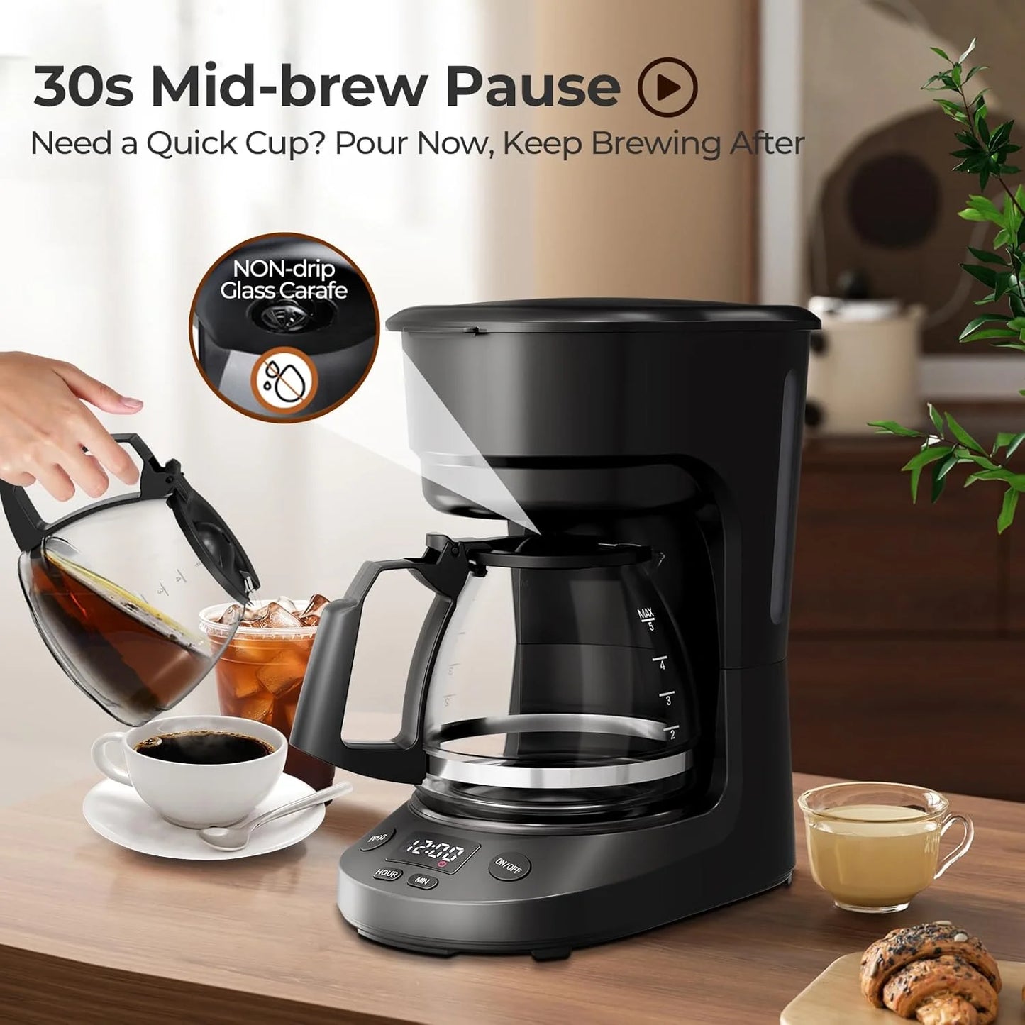 Programmable Coffee Maker with 5-Cup（Prog），Auto-Brew Timer, Keep Warm Function