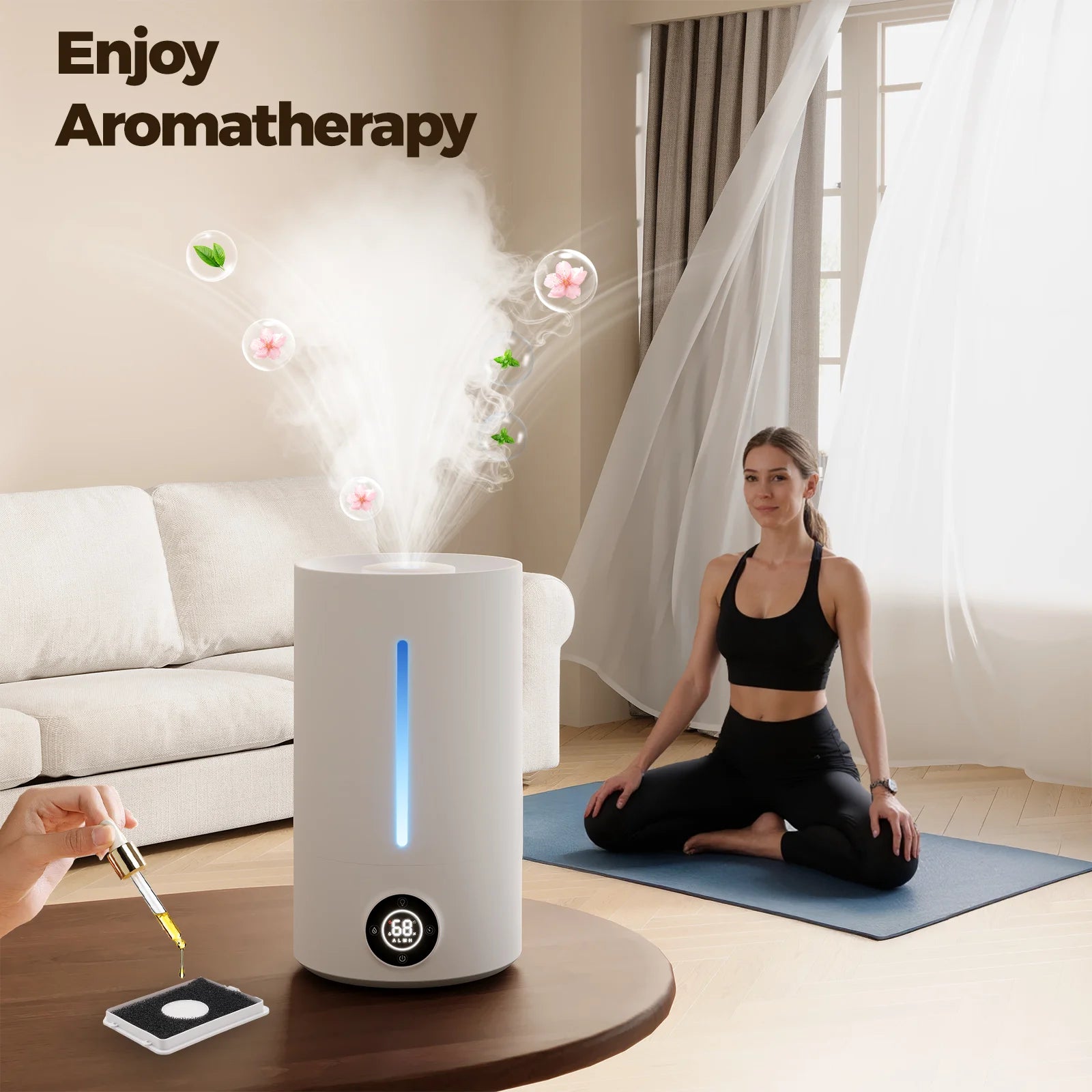 5L Cool Mist Humidifiers, Top Water Filling & 24H Timer Ultrasonic Humidifier, Custom Humidity Setting, 7+1 Color Ambient Light & Aroma Tray, 28Db Silent Humidifier for Home