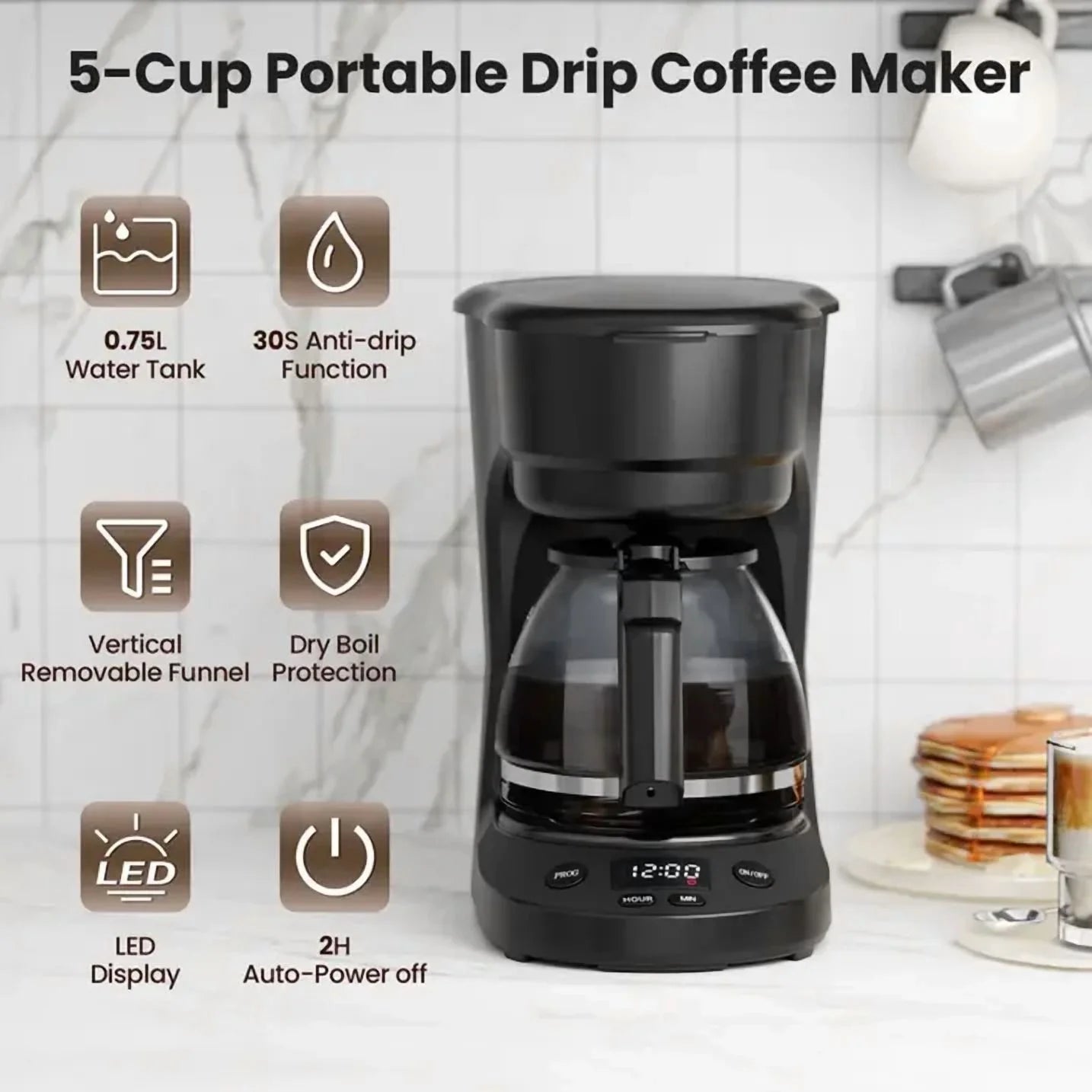 Programmable Coffee Maker with 5-Cup（Prog），Auto-Brew Timer, Keep Warm Function