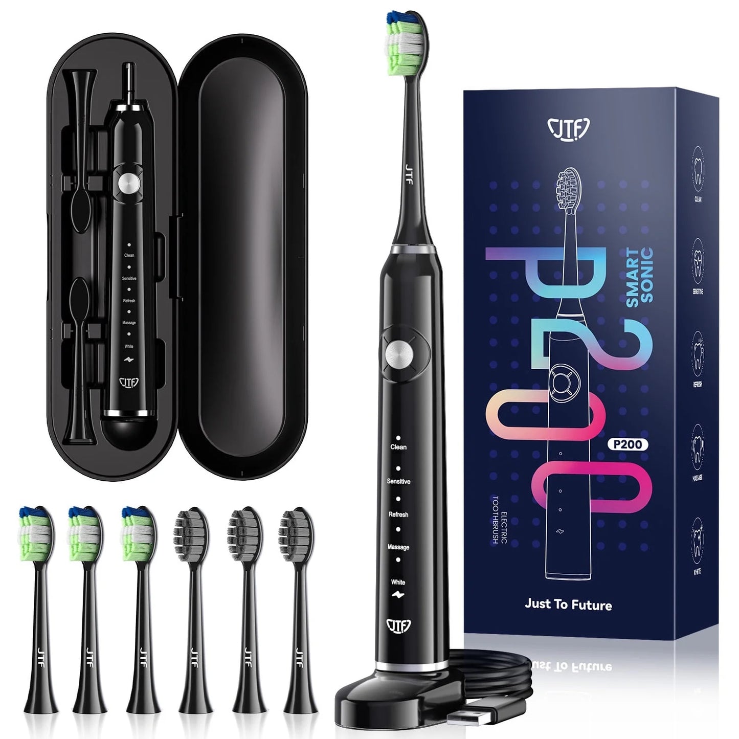 Sonic Electric Toothbrush for Adults and Kids with Travel Case and 6 Brush Heads, 5 Modes 40000 VPM Rechargeable Power Toothbrush with Wireless Charger, IPX7 Waterproof 60-Day Battery Life, Black