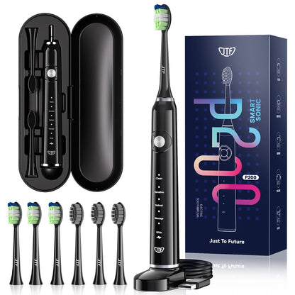 Sonic Electric Toothbrush for Adults and Kids with Travel Case and 6 Brush Heads, 5 Modes 40000 VPM Rechargeable Power Toothbrush with Wireless Charger, IPX7 Waterproof 60-Day Battery Life, Black
