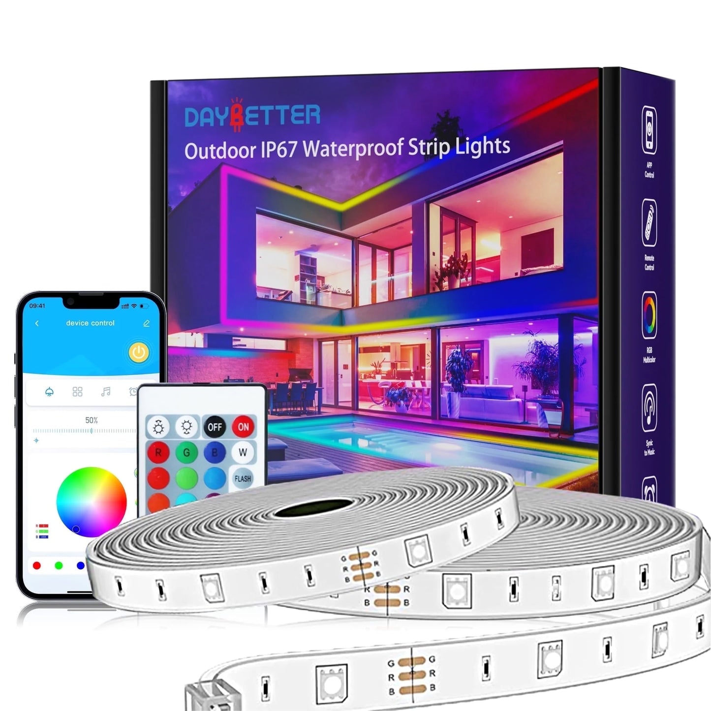 100Ft Outdoor LED Strip Lights Waterproof IP67,RGB Led Light Strips with Remote Control and Music Sync Mains Powered for outside Garden House Pool Roof Lawn Decor