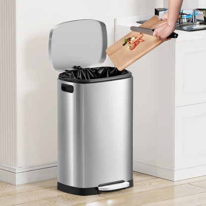 13 Gallon Trash Can with Lid,Fingerprint-Proof Stainless Steel Kitchen Trash Can with Soft-Close Lid and Removable Inner Bucket,Silver