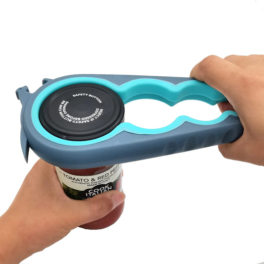 A close-up of the GripMaster 6-in-1 jar opener in blue and grey showing the rubberized interior grip and ergonomic handle for arthritis relief.