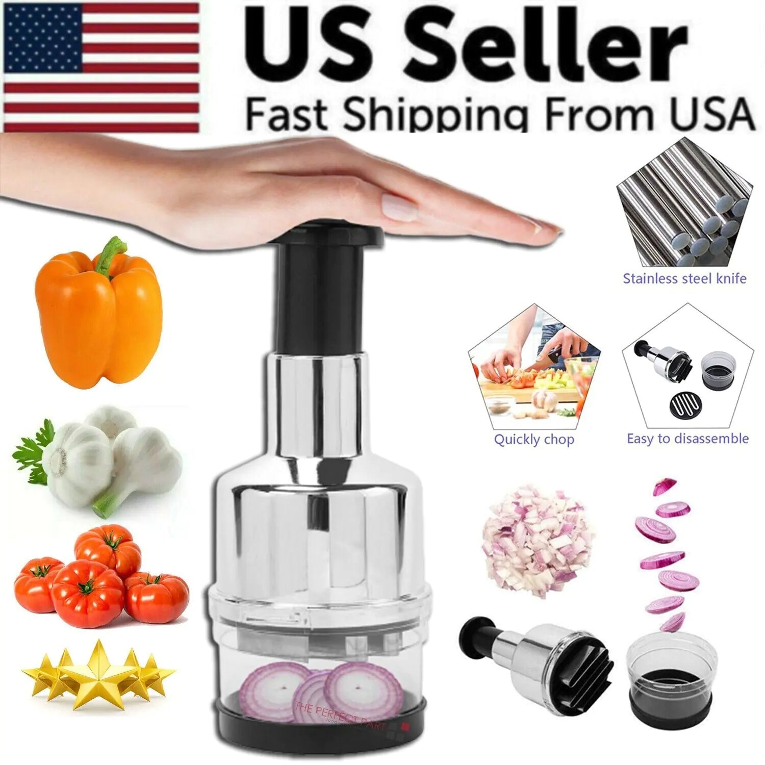 A silver ChopMaster Pro manual food chopper safely dicing fresh onions and vegetables inside its self-contained base dish.