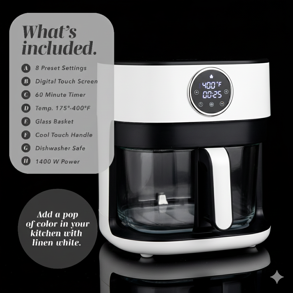 Air Fryer, 5.5Qt Glass Air Fryer, 1400W, 8 Presets, White