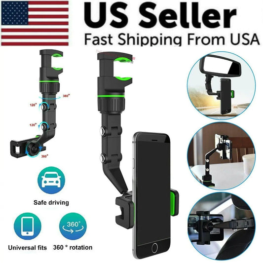SkyView 360° Rotatable Rearview Mirror Phone Mount – Universal Anti-Shake GPS Holder & Multi-Surface Clip
