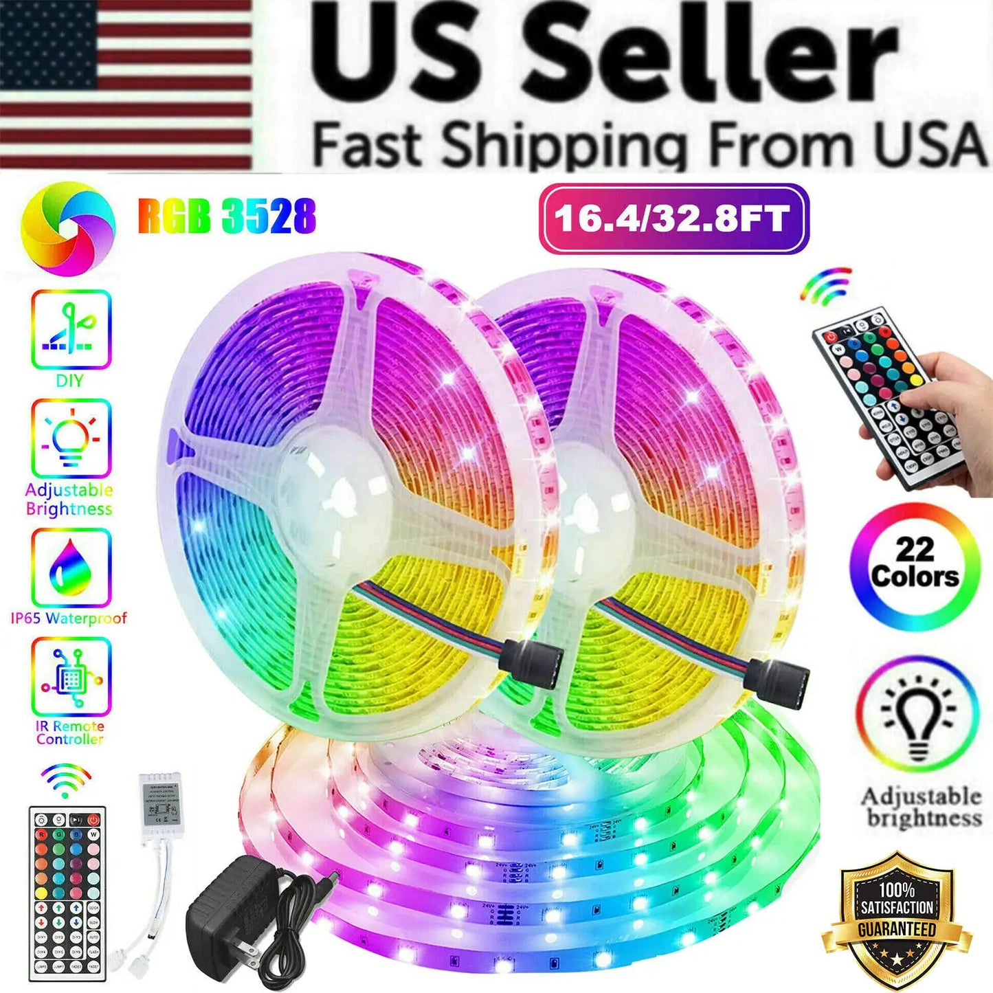 ChromaVibe 32ft Waterproof RGB LED Strip Light Kit – Color Changing Mood Lighting with 44-Key Remote & Memory Function
