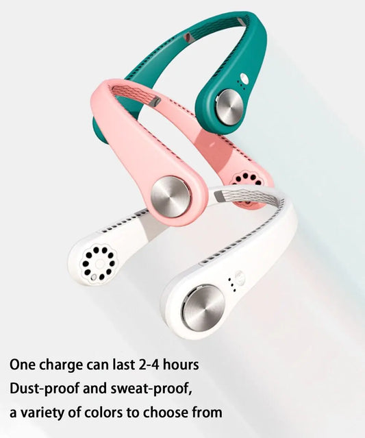 Portable Neck Fan, Featuring 78 air vents, a bladeless design, and 6-hour battery life for hands-free, whisper-quiet cooling.