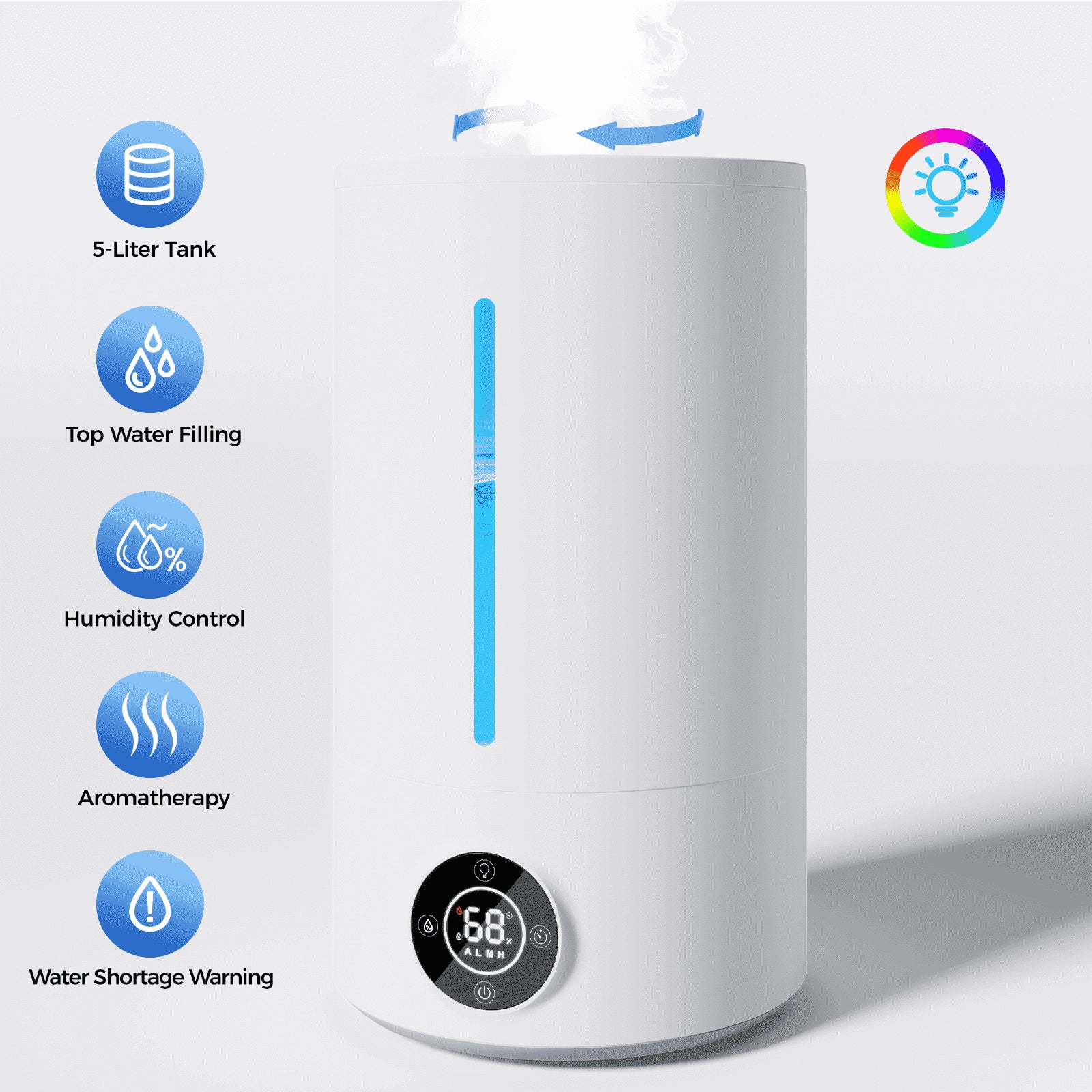 5L Cool Mist Humidifiers, Top Water Filling & 24H Timer Ultrasonic Humidifier, Custom Humidity Setting, 7+1 Color Ambient Light & Aroma Tray, 28Db Silent Humidifier for Home