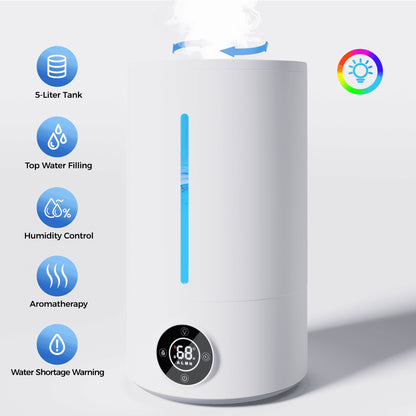 5L Cool Mist Humidifiers, Top Water Filling & 24H Timer Ultrasonic Humidifier, Custom Humidity Setting, 7+1 Color Ambient Light & Aroma Tray, 28Db Silent Humidifier for Home