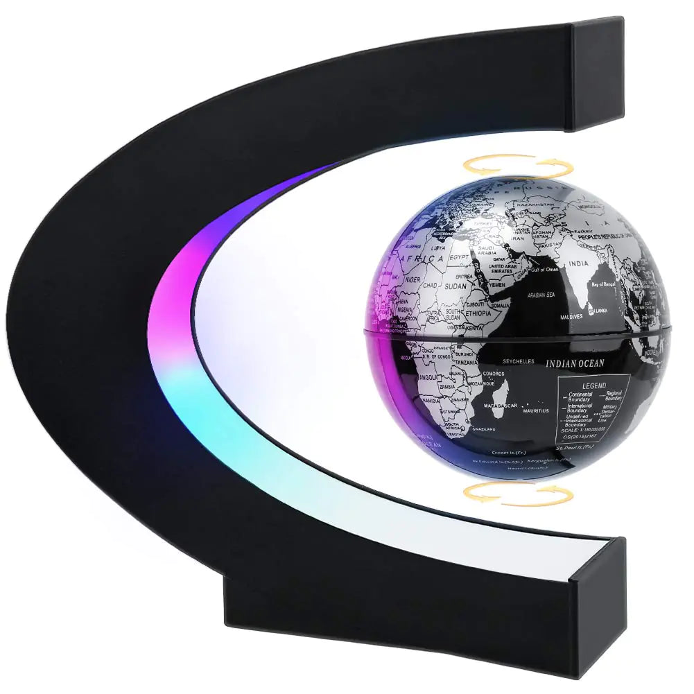 A 3.5-inch magnetic levitating globe floating inside a C-shaped black frame with purple and cyan LED lights on a modern office desk.
