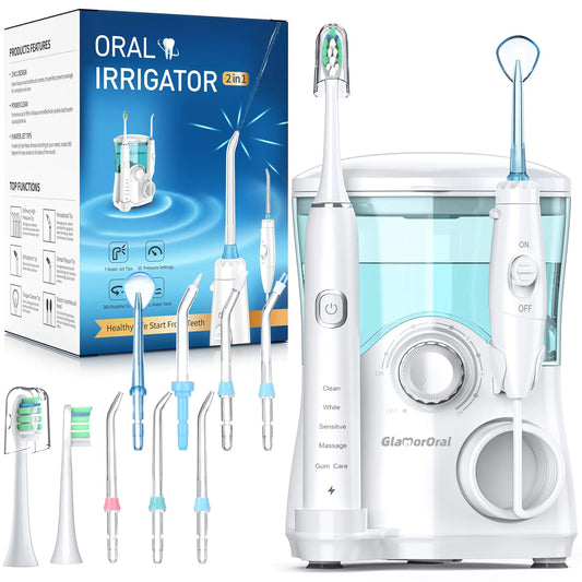 A sleek white AquaSonic Elite oral care station featuring a sonic electric toothbrush docked next to a 600ml professional water flosser with various jet tips.